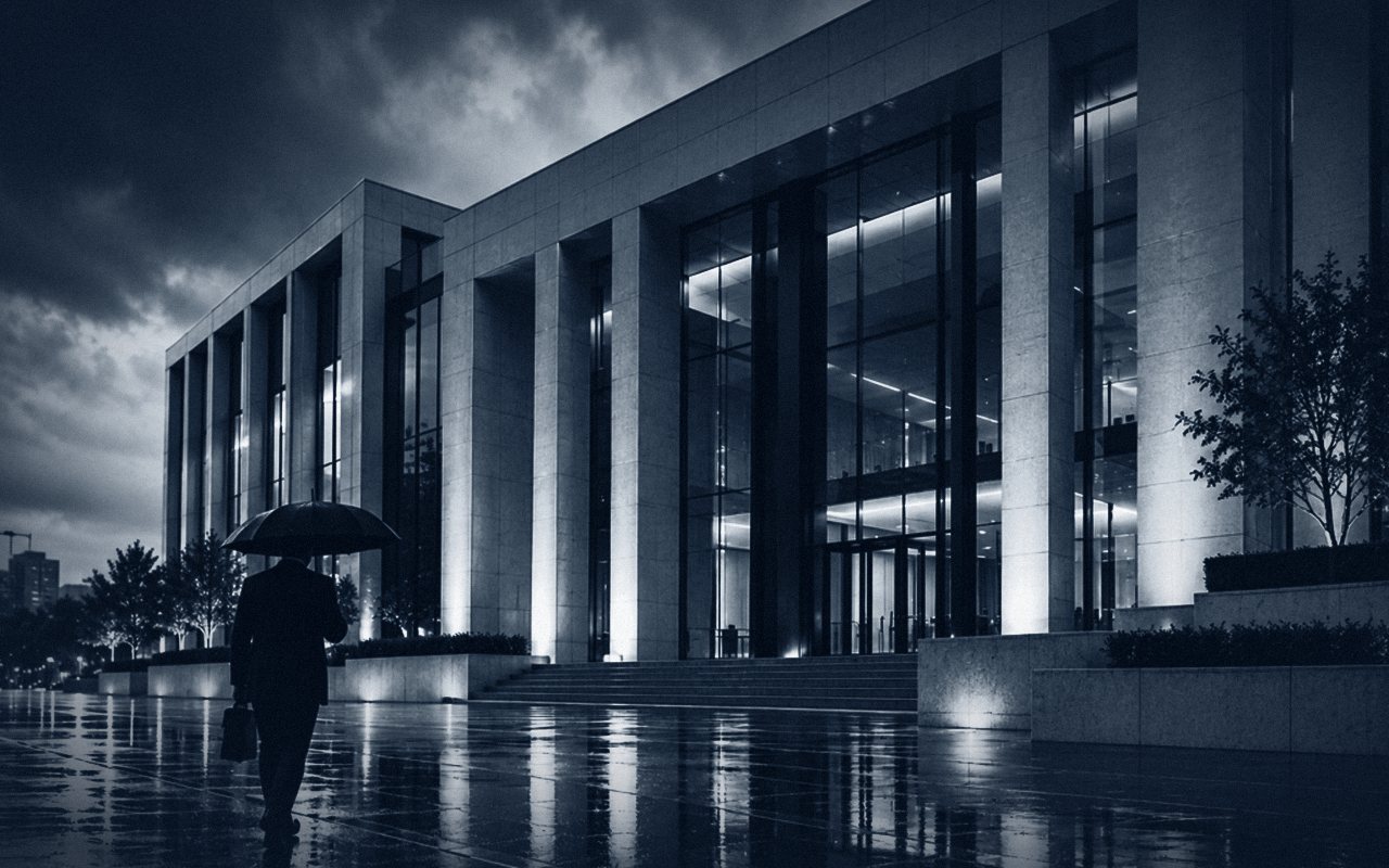 A figure with an umbrella and briefcase walks past a stone-columned office building on a rain-soaked evening
